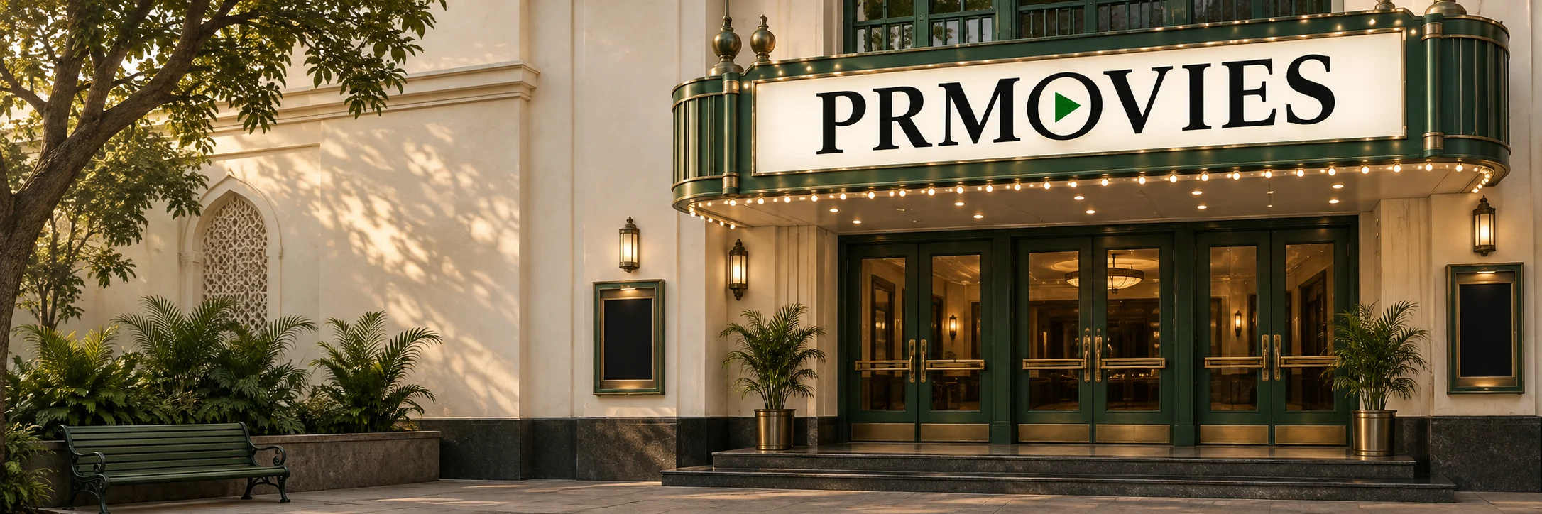 PRMOVIES marquee on a cream cinema facade with green doors